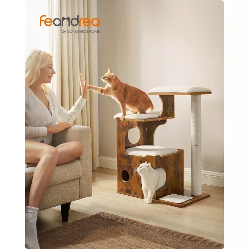 FEANDREA 86 cm macska fa, közepes méretű macska torony 3 ággyal és barlanggal, MDF-ből