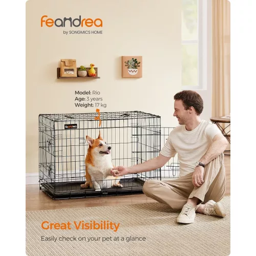 FEANDREA Kutyabox, összecsukható, 92,5 cm hosszú, 2 ajtóval, L méret, fekete PPD36H