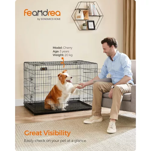 FEANDREA Kutyabox, összecsukható, 107 cm, 2 ajtóval, XL, fekete PPD42H