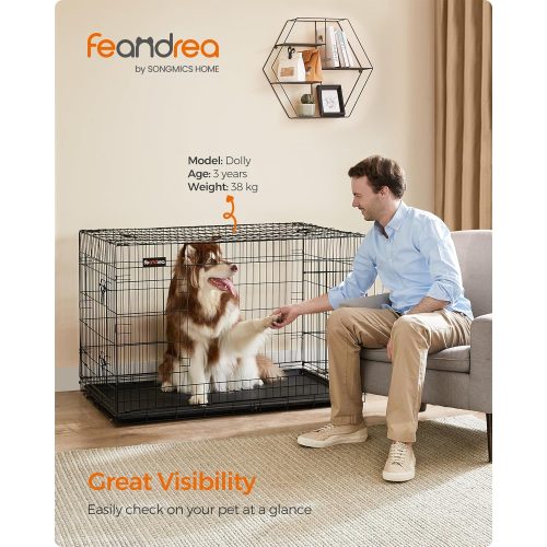 FEANDREA Kutyabox, összecsukható, 122 cm hosszú, 2 ajtóval, XXL, fekete PPD48H