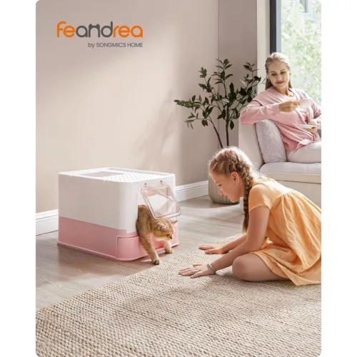 Macskaalom doboz, kihúzható tálca, rózsaszín és fehér 54x42x38cm