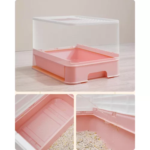 Macskaalom doboz, kihúzható tálca, rózsaszín és fehér 54x42x38cm