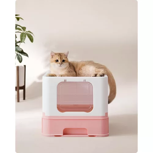 Macskaalom doboz, kihúzható tálca, rózsaszín és fehér 54x42x38cm