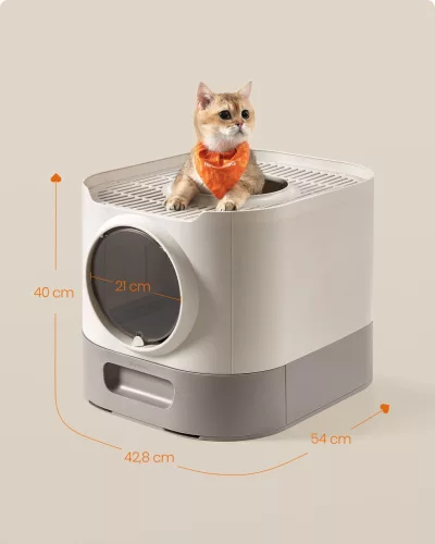 Macskaalom doboz, zárható, kihúzható tálca, barnás és meleg szürke 54x42x38cm