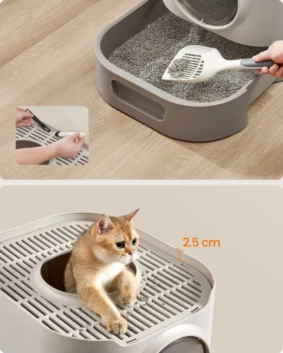 Macskaalom doboz, zárható, kihúzható tálca, barnás és meleg szürke 54x42x38cm