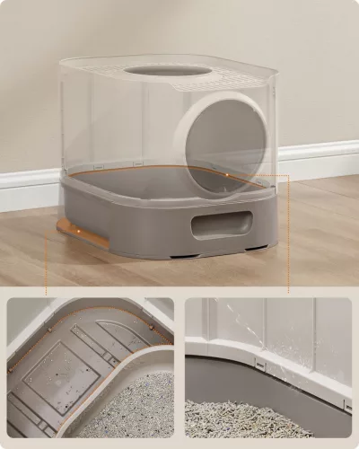 Macskaalom doboz, zárható, kihúzható tálca, barnás és meleg szürke 54x42x38cm