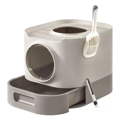 Macskaalom doboz, zárható, kihúzható tálca, barnás és meleg szürke 54x42x38cm