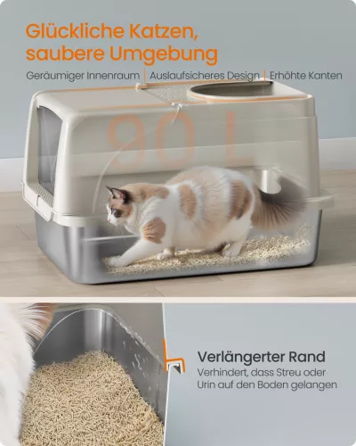 Rozsdamentes acél macska alomdoboz, zárható fedél, kávé bézs