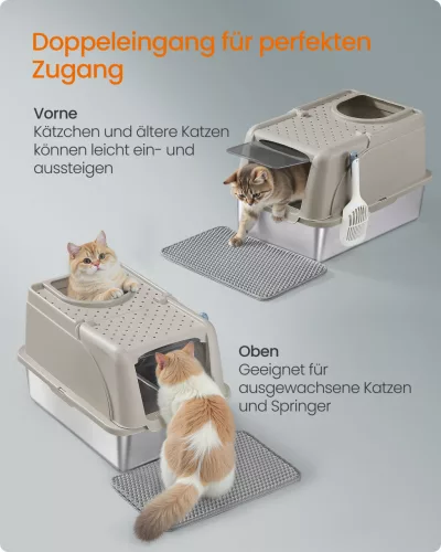 Rozsdamentes acél macska alomdoboz, zárható fedél, kávé bézs