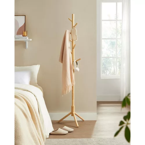 VASAGLE Álló ruhafogas, masszív fa ruhafogas, fára emlékeztető ruhafogas 8 akasszal, 3