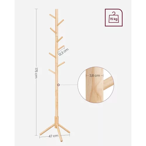 VASAGLE Álló ruhafogas, masszív fa ruhafogas, fára emlékeztető ruhafogas 8 akasszal, 3