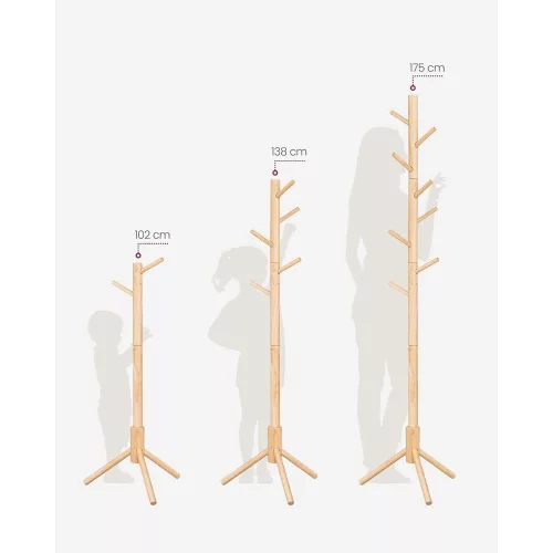 VASAGLE Álló ruhafogas, masszív fa ruhafogas, fára emlékeztető ruhafogas 8 akasszal, 3