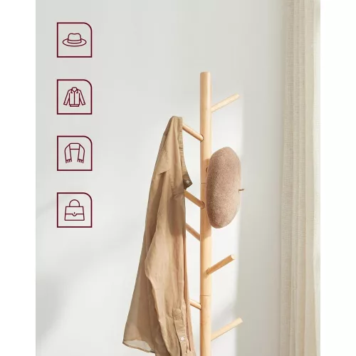 VASAGLE Álló ruhafogas, masszív fa ruhafogas, fára emlékeztető ruhafogas 8 akasszal, 3