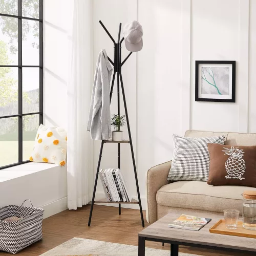 VASAGLE Ruhatartó állvány, Kabátfa, Álló fogas, Ipari stílusban, 2 polccal, Ruhákhoz,