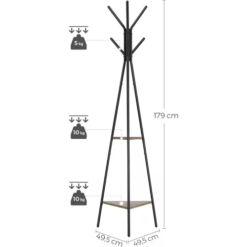 VASAGLE Ruhatartó állvány, Kabátfa, Álló fogas, Ipari stílusban, 2 polccal, Ruhákhoz,