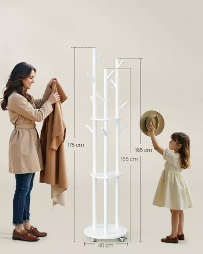 Álló ruhafogas 11 akasztóval, 3 polccal, fehér, 4 levehető kerékkel