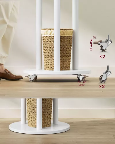 Álló ruhafogas 11 akasztóval, 3 polccal, fehér, 4 levehető kerékkel