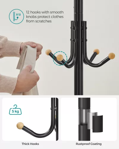 Álló fém ruhafogas 12 akasztóval, 4 lábbal, fekete