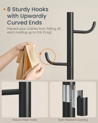 Álló kaktuszos ruhafogas 8 akasztóval, fekete 175 cm magas