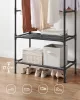 Ruhaszárító állvány, fém, 2 akasztóval, tárolópolccal, fekete