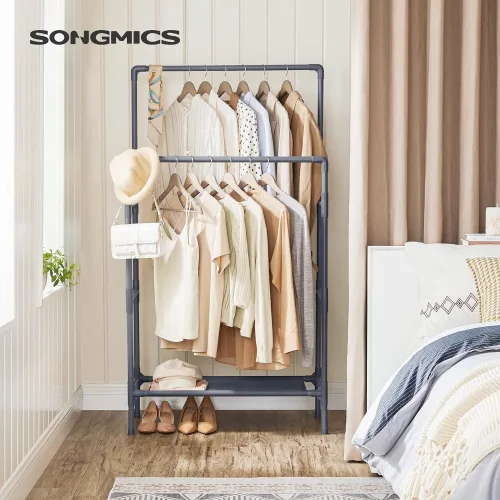 SONGMICS Ruhafogasállvány, Fém állvánnyal, 2 akasztóval és tárolópolccal, Max.