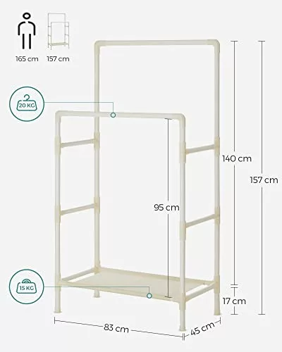 SONGMICS RDR01WT Fém fogas állvány 2 ruhavállalóval és 1 polccal, akár 70 kg