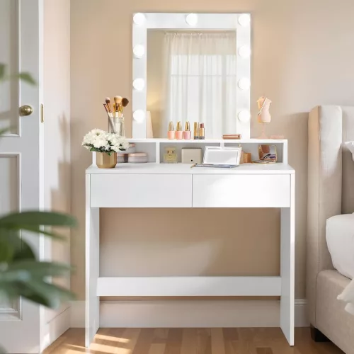 Fésülködőasztal, sminkasztal tükörrel fiókokkal, fehér 80x40x145cm