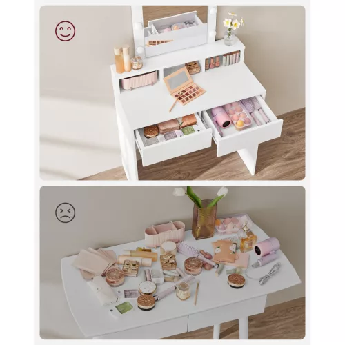 Fésülködőasztal, sminkasztal tükörrel fiókokkal, fehér 80x40x145cm