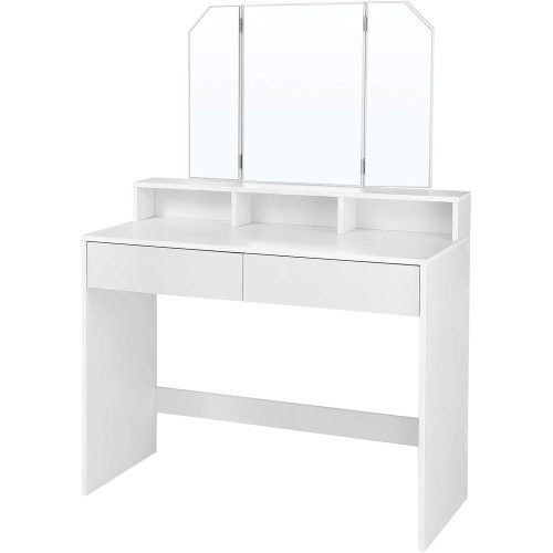 VASAGLE Sminkasztal Tri-fold tükörrel, 2 fiókkal és 3 nyitott rekeszzel, modern stílusú fehér