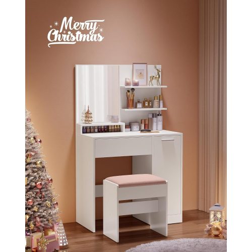 VASAGLE Sminkasztal, Sminkasztal, Kozmetikai asztal tükörrel, 1 fiókkal, 2 polccal, tároló