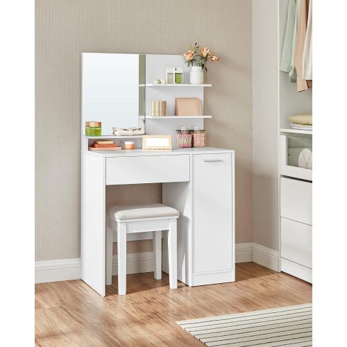 VASAGLE Sminkasztal, Sminkasztal, Kozmetikai asztal tükörrel, 1 fiókkal, 2 polccal, tároló