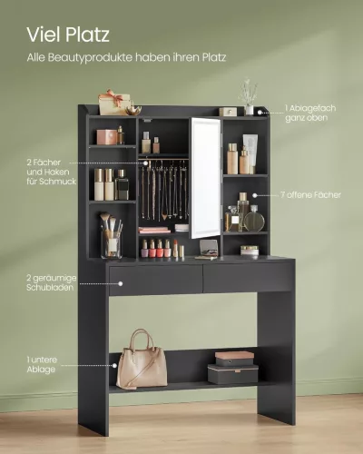 Fésülködőasztal LED világítással, állítható fényerő, fekete