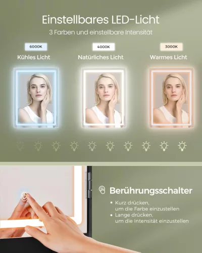 Fésülködőasztal LED világítással, állítható fényerő, fekete