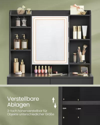 Fésülködőasztal LED világítással, állítható fényerő, fekete