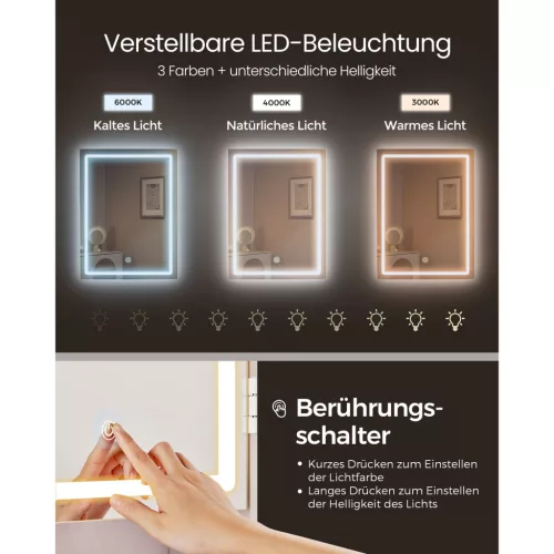 VASAGLE LED világítással ellátott fésülködőasztal állítható fényerővel, tükörrel,