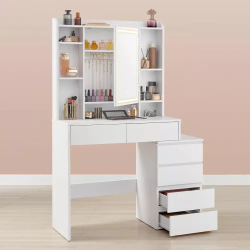 Fésülködőasztal LED világítással, tükörrel, fiókokkal, polcokkal