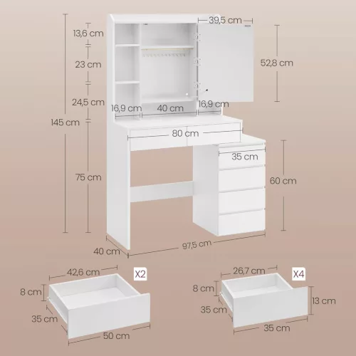 Fésülködőasztal LED világítással, tükörrel, fiókokkal, polcokkal