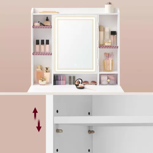 Fésülködőasztal LED világítással, tükörrel, fiókokkal, polcokkal