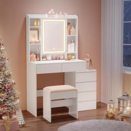 Fésülködőasztal LED világítással, tükörrel, fiókokkal, polcokkal