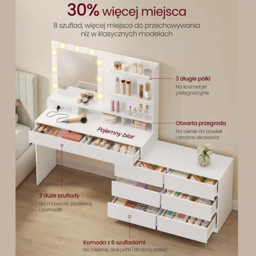Fésülködőasztal, tükörrel, LED világítással, 8 fiókkal, bővíthető, fehér