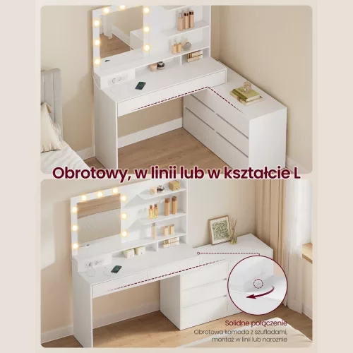 Fésülködőasztal, tükörrel, LED világítással, 8 fiókkal, bővíthető, fehér