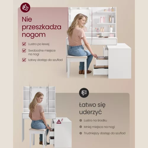 Fésülködőasztal, tükörrel, LED világítással, 8 fiókkal, bővíthető, fehér