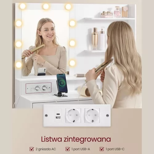 Fésülködőasztal, tükörrel, LED világítással, 8 fiókkal, bővíthető, fehér