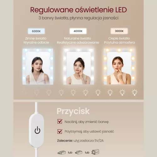 Fésülködőasztal, tükörrel, LED világítással, 8 fiókkal, bővíthető, fehér