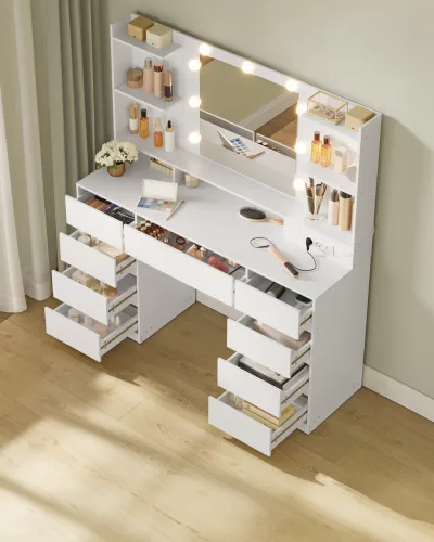 Fésülködőasztal LED világítással, tükörrel, beépített elosztóval, felhő fehér