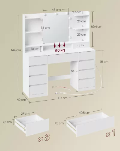 Fésülködőasztal LED világítással, tükörrel, beépített elosztóval, felhő fehér