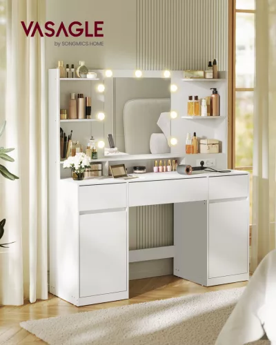 Fésülködőasztal LED világítással, tük9rrel beépített elosztóval, felhő fehér