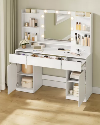 Fésülködőasztal LED világítással, tük9rrel beépített elosztóval, felhő fehér