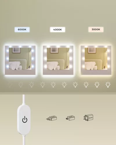 Fésülködőasztal LED világítással, tük9rrel beépített elosztóval, felhő fehér