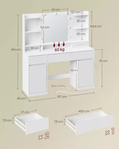 Fésülködőasztal LED világítással, tük9rrel beépített elosztóval, felhő fehér